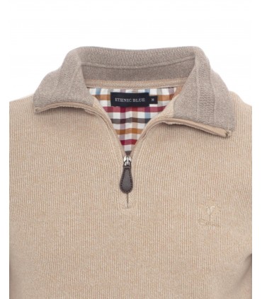 Pull col zippe ethnic blue beige