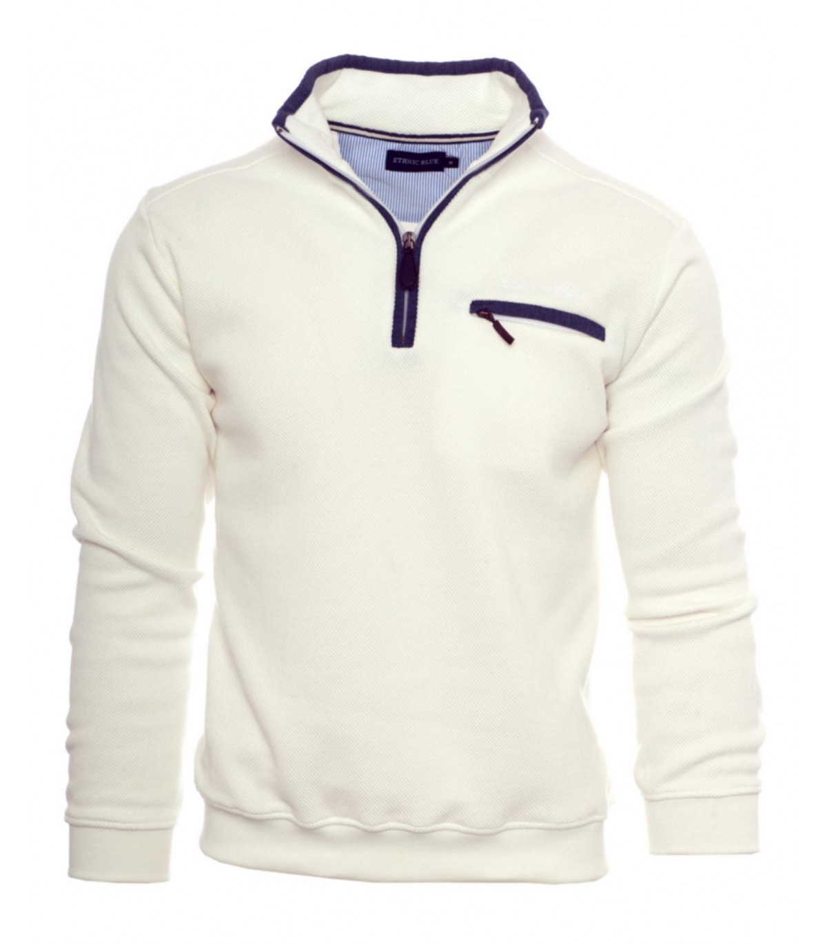 Pull col zippe ethnic blue blanc