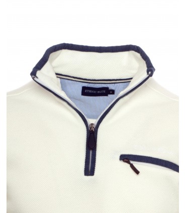 Pull col zippe ethnic blue blanc