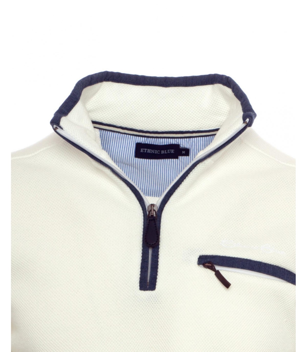 Pull col zippe ethnic blue blanc