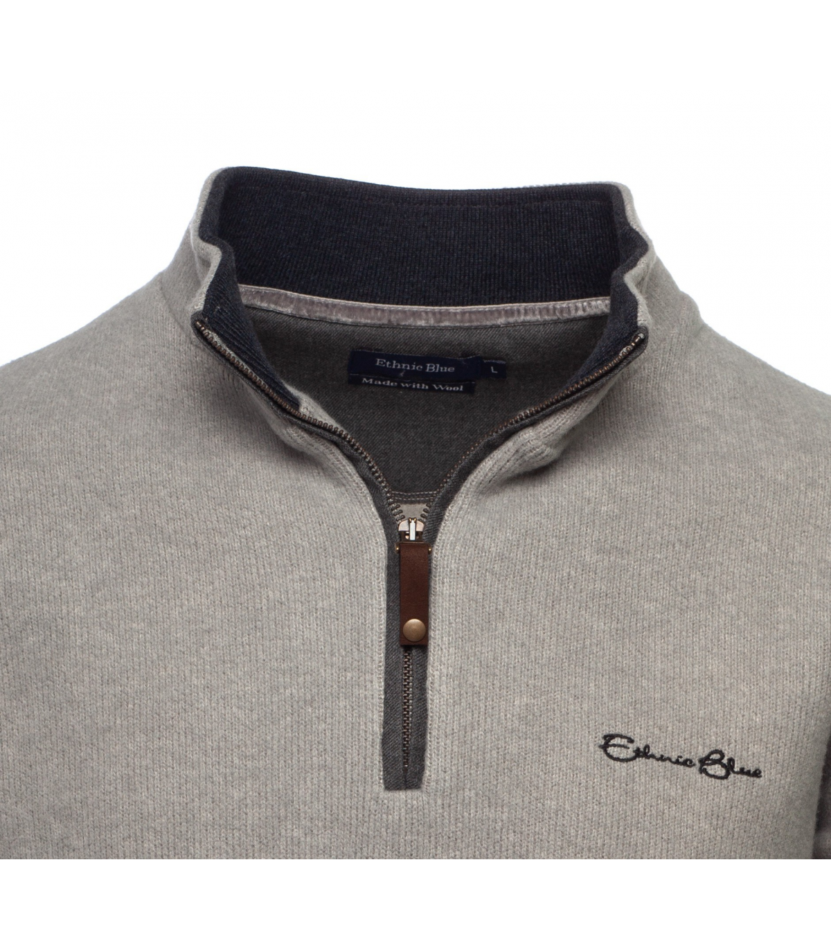 Pull col zippe ethnic blue gris